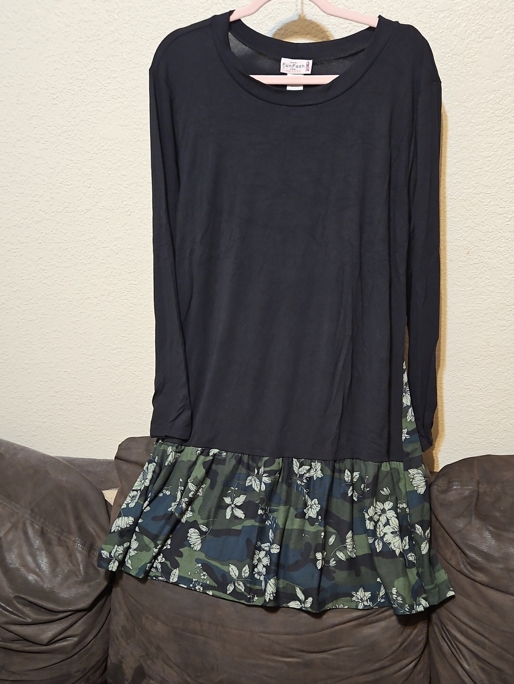 FunFash Black Long Sleeve Dress with Green Camo Floral Ruffle Hem